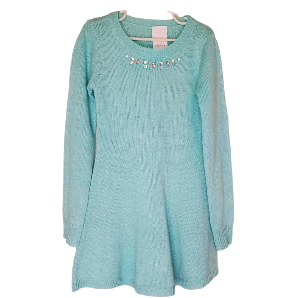 Girl's sz medium 7/8 aqua/shimmer sweater dress/tunic with rhinestone detailing